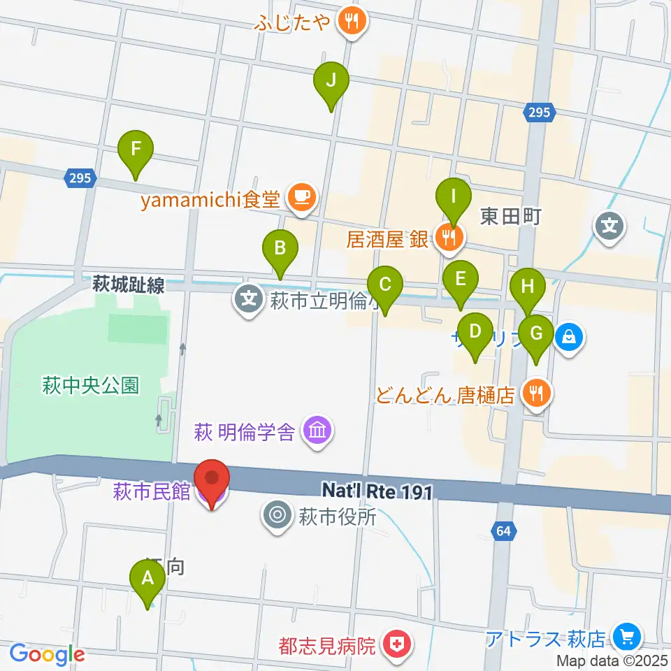萩市民館周辺のホテル一覧地図