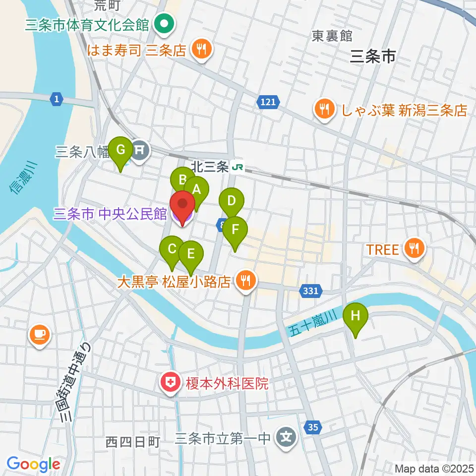 三条市中央公民館周辺のホテル一覧地図