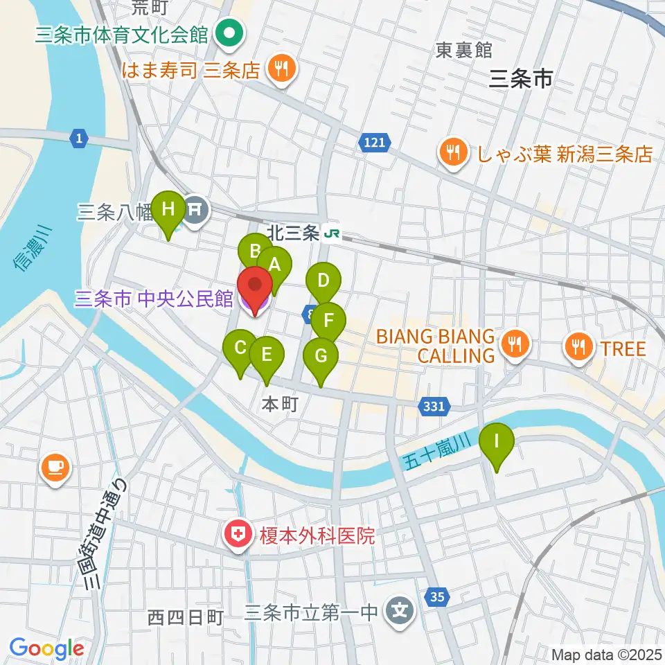 三条市中央公民館周辺のホテル一覧地図