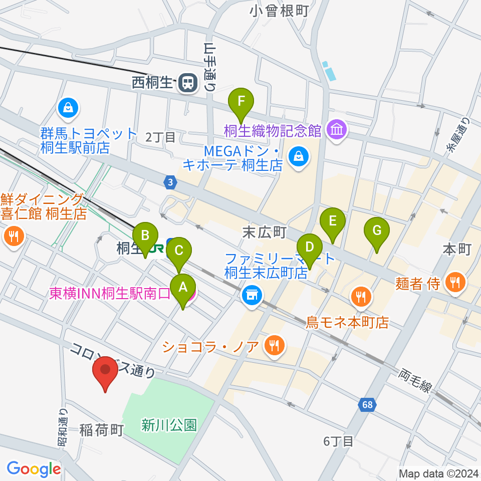 桐生市立中央公民館周辺のホテル一覧地図