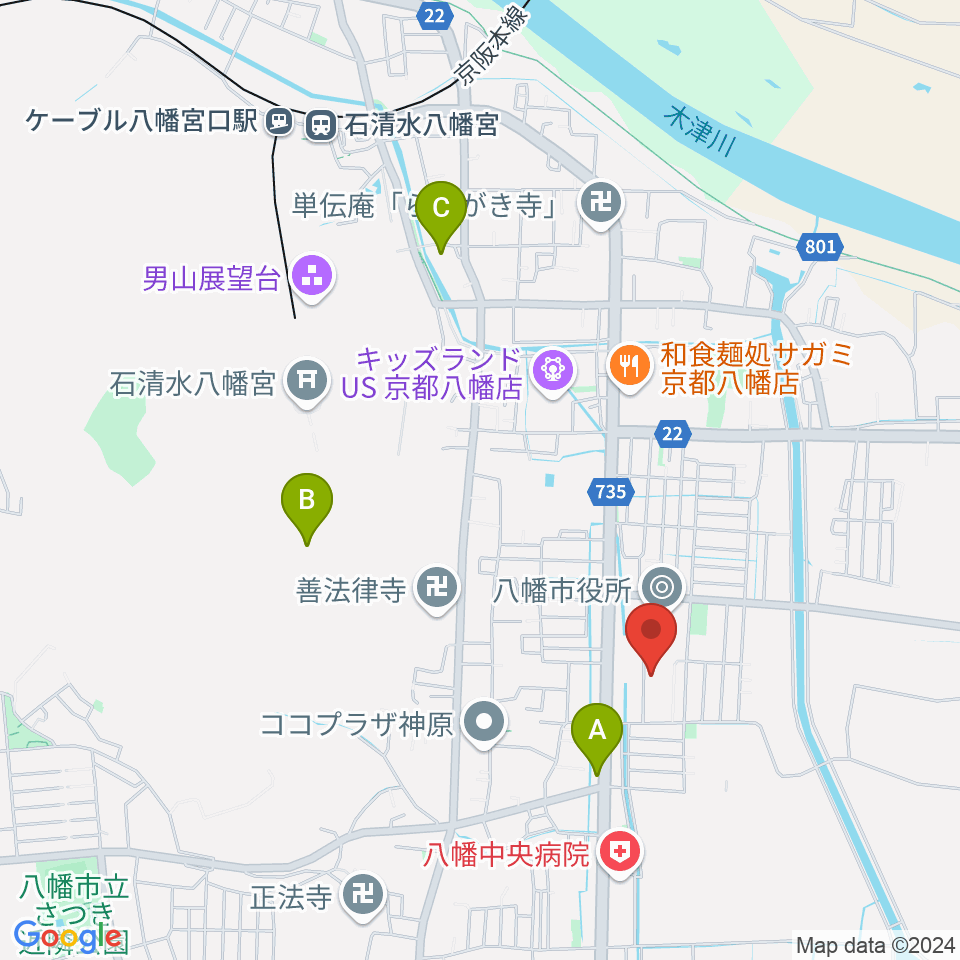 八幡市文化センター周辺のホテル一覧地図