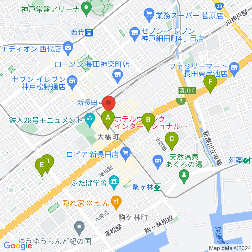 ピフレホール（長田区文化センター別館）周辺のホテル一覧地図