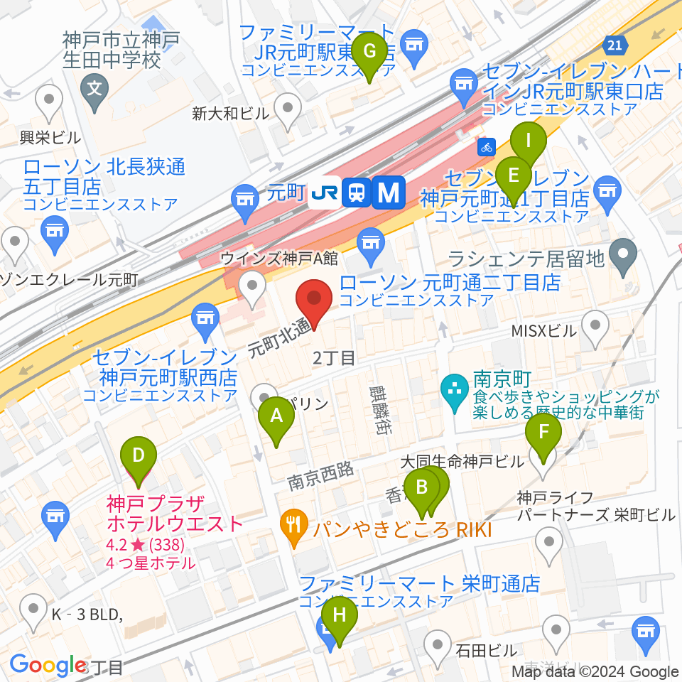 BASS ON TOPピアノスタジオ神戸元町店周辺のホテル一覧地図