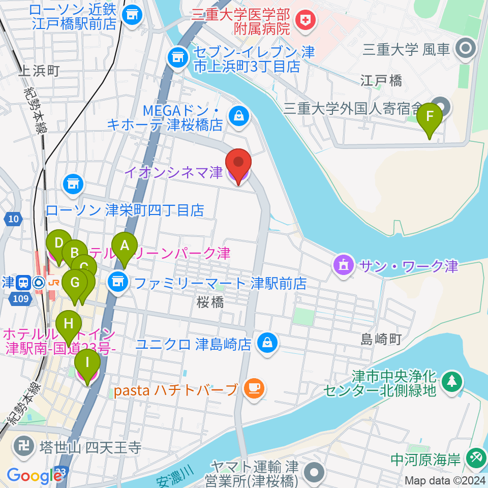 イオンシネマ津周辺のホテル一覧地図