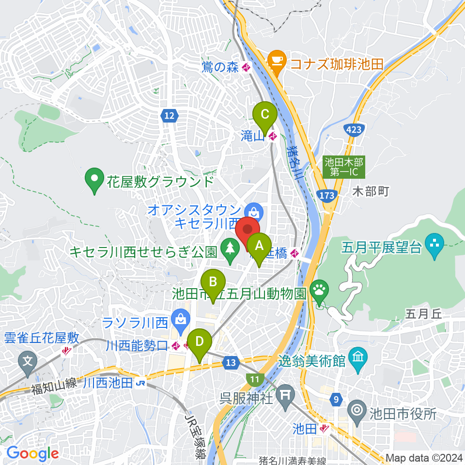 川西市キセラホール周辺のホテル一覧地図