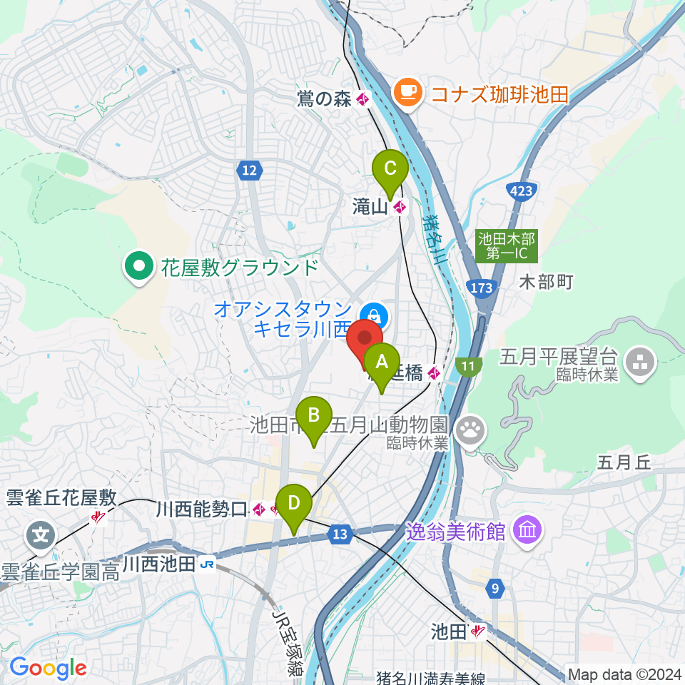 川西市キセラホール周辺のホテル一覧地図