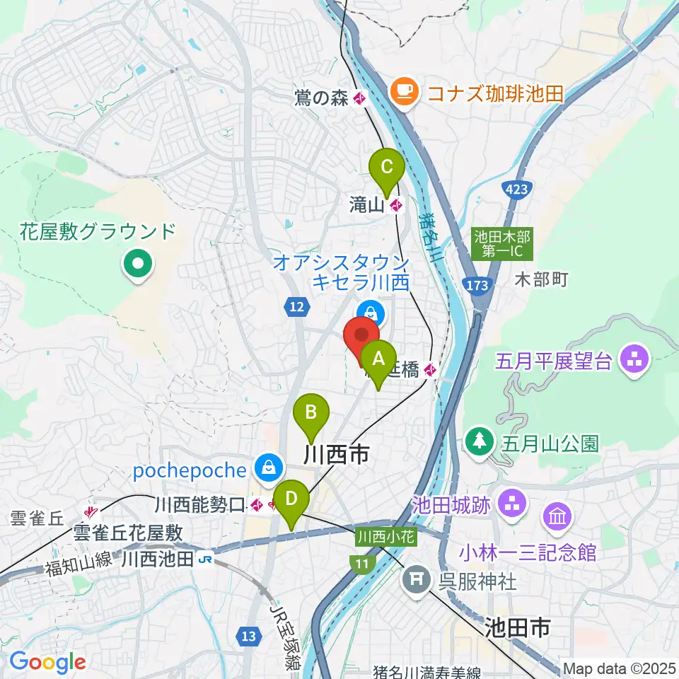川西市キセラホール周辺のホテル一覧地図