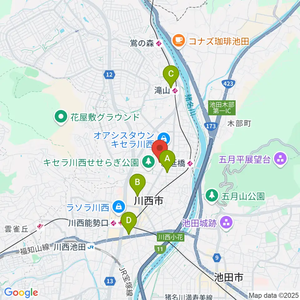 川西市キセラホール周辺のホテル一覧地図