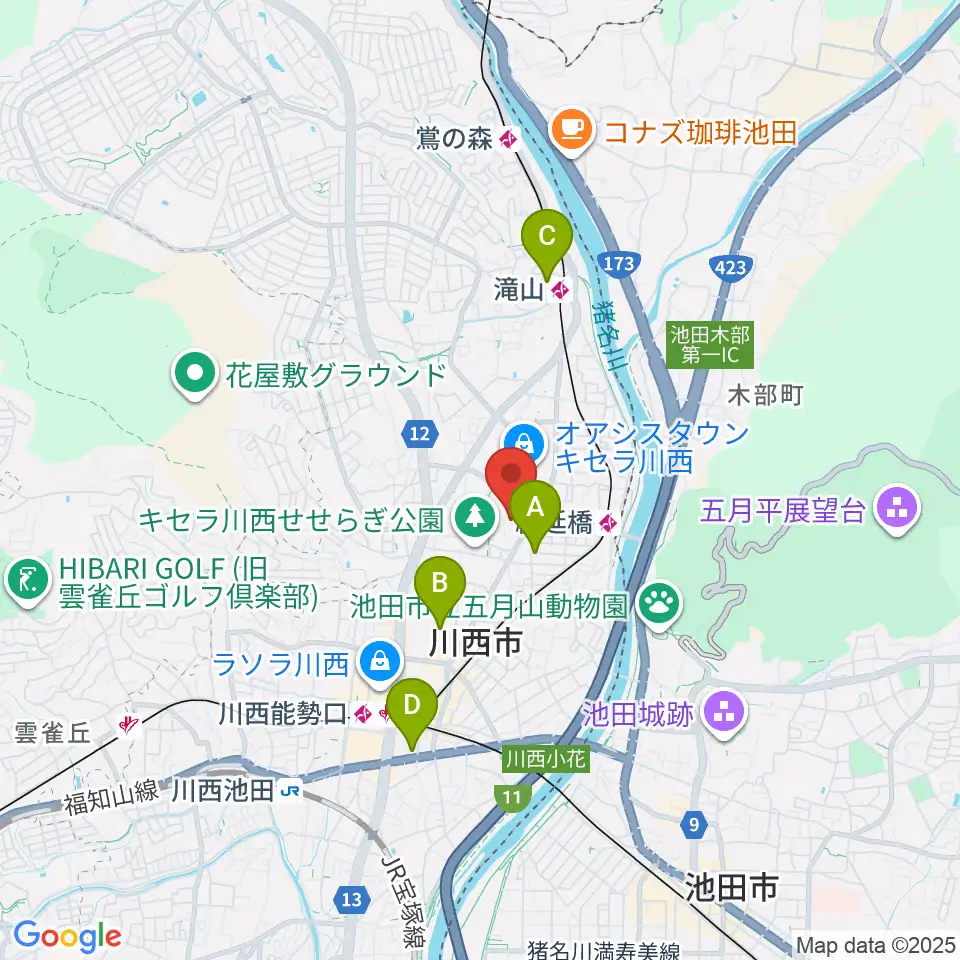 川西市キセラホール周辺のホテル一覧地図