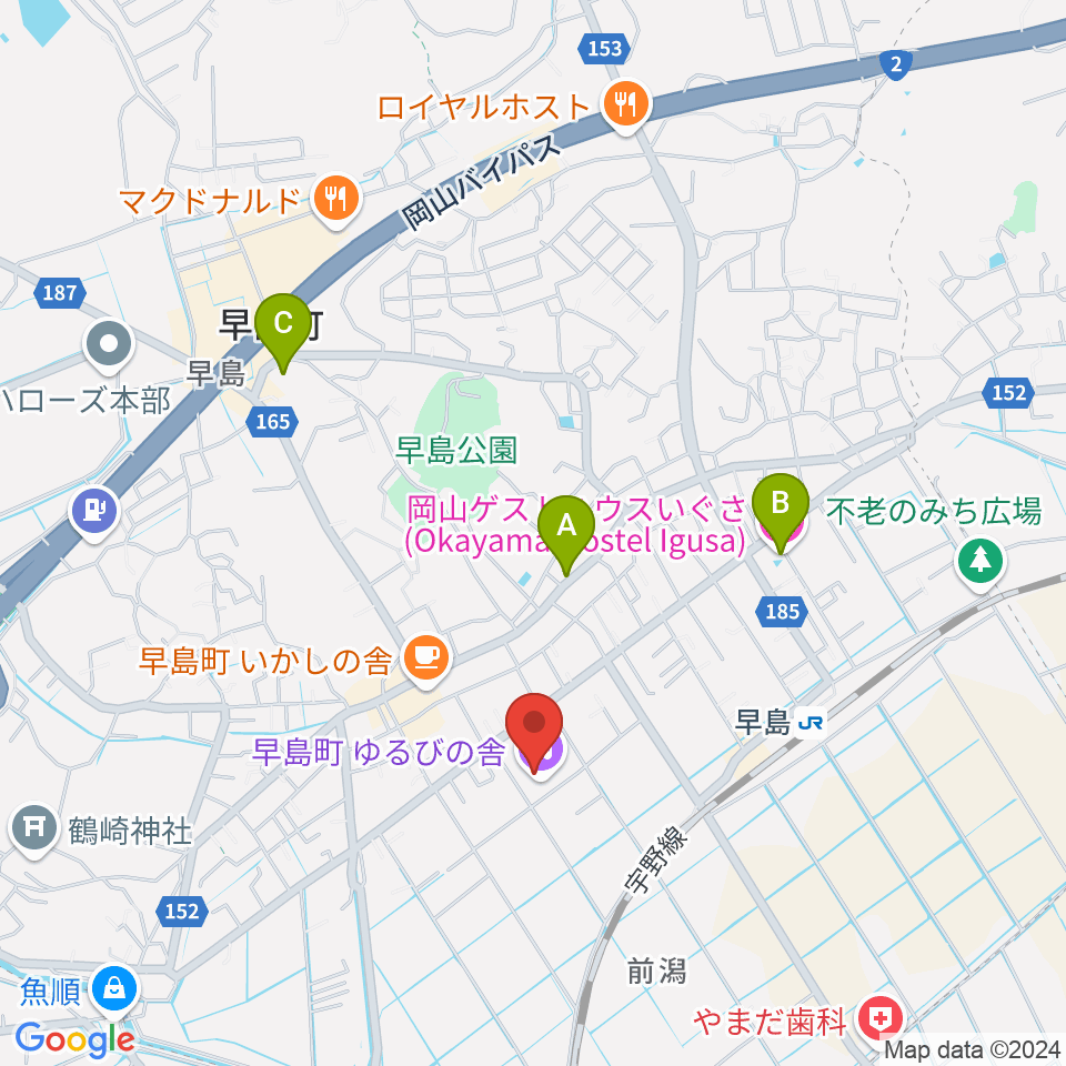 早島町町民総合会館ゆるびの舎周辺のホテル一覧地図