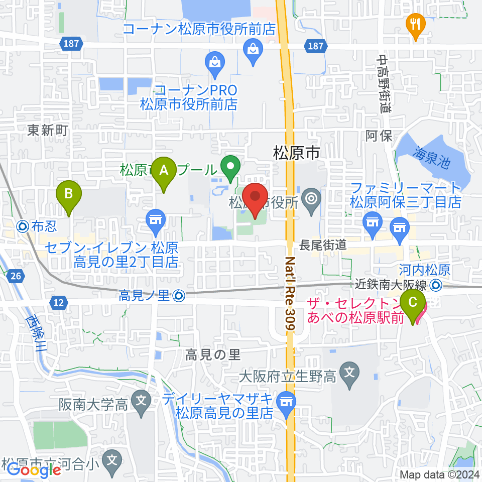 松原市文化会館周辺のホテル一覧地図