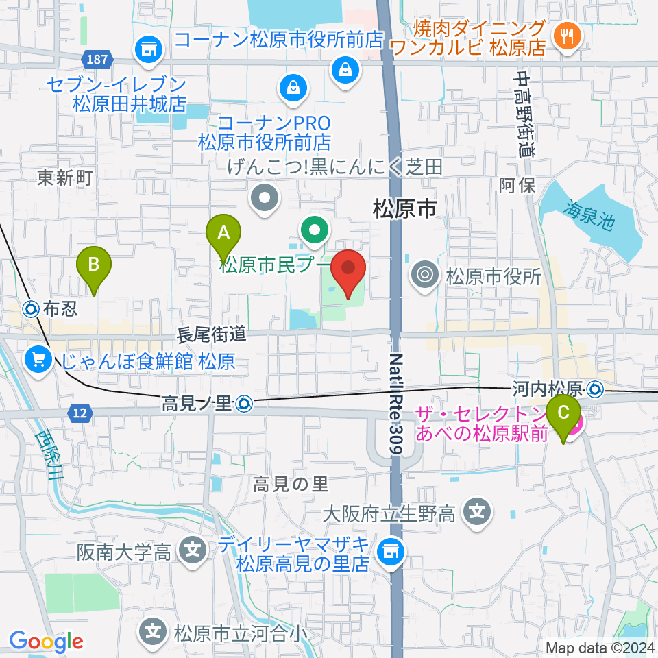 松原市文化会館周辺のホテル一覧地図