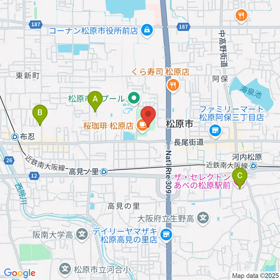 松原市文化会館周辺のホテル一覧地図