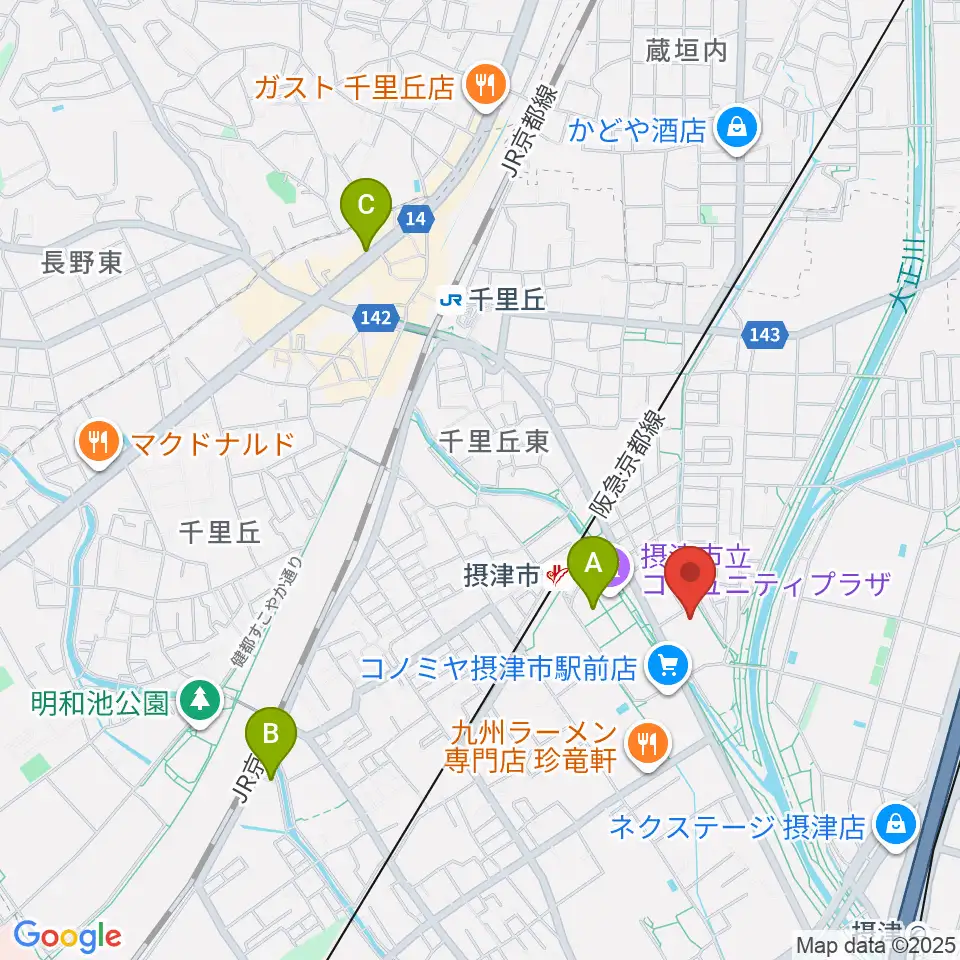 摂津市民文化ホール周辺のホテル一覧地図