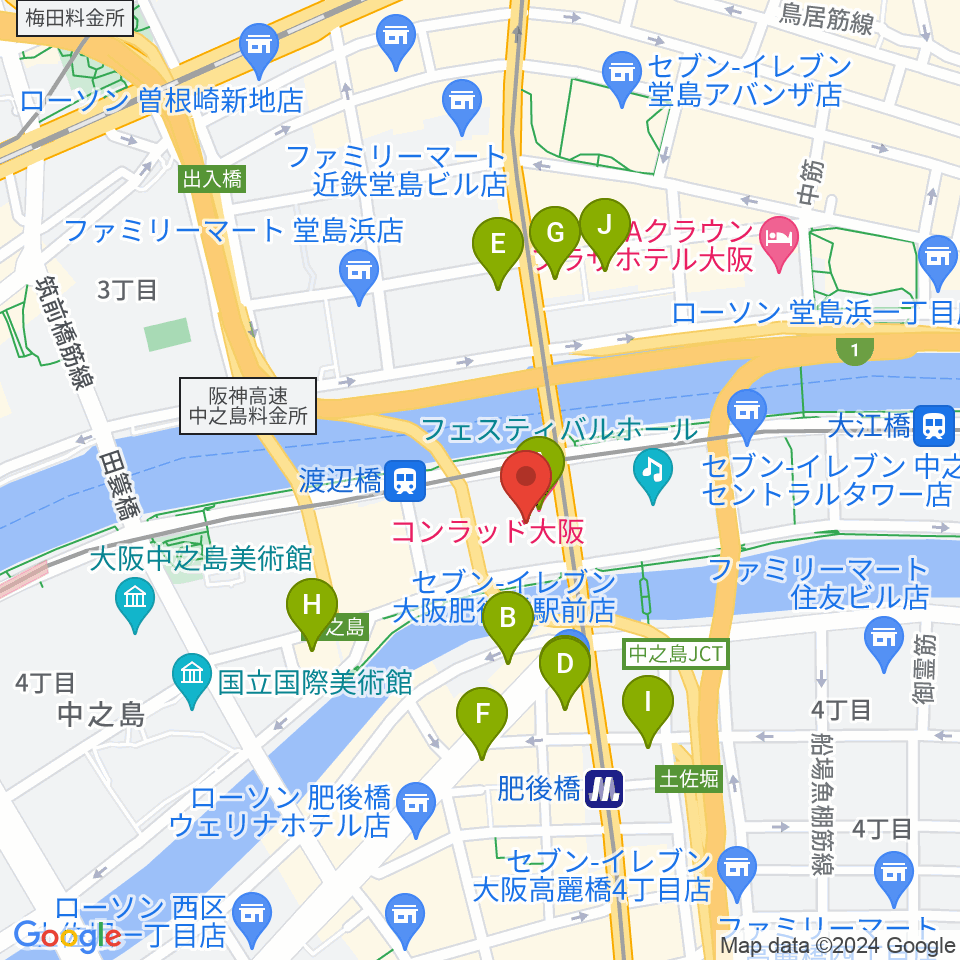 中之島会館周辺のホテル一覧地図