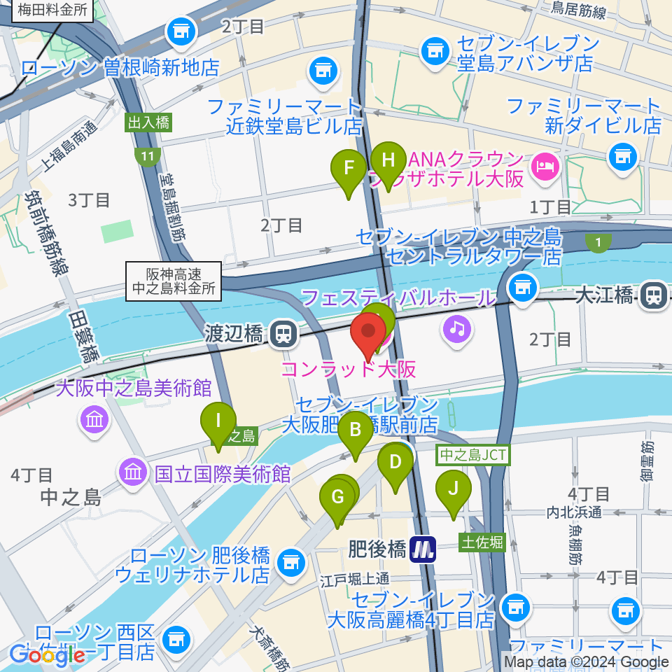 中之島会館周辺のホテル一覧地図