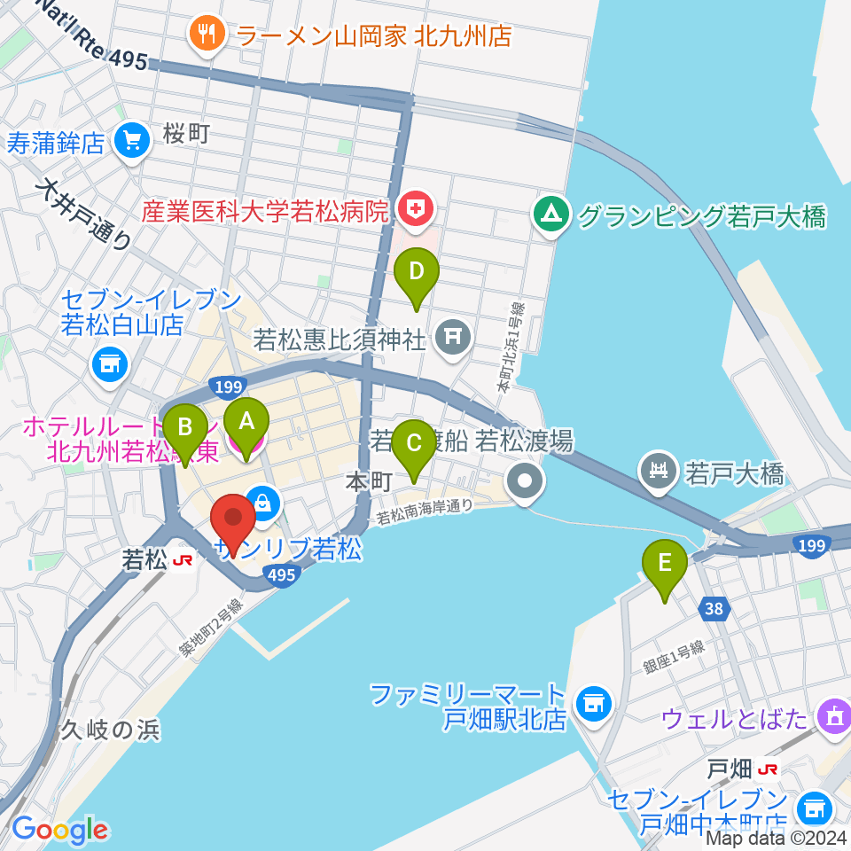 若松市民会館周辺のホテル一覧地図