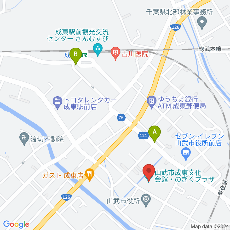 山武市成東文化会館のぎくプラザ周辺のホテル一覧地図