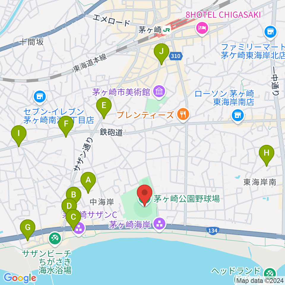 茅ヶ崎公園野球場周辺のホテル一覧地図