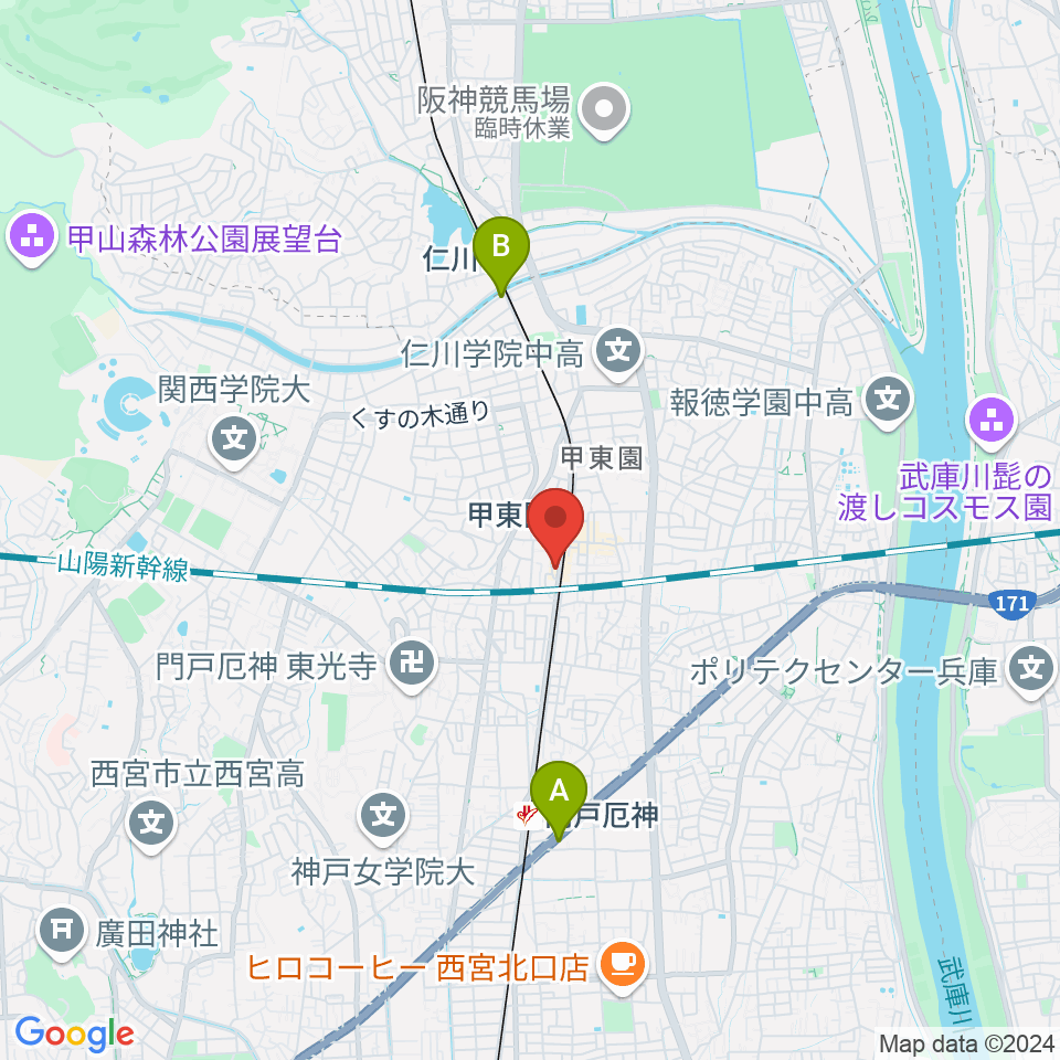 甲東園スタジオバードランド周辺のホテル一覧地図