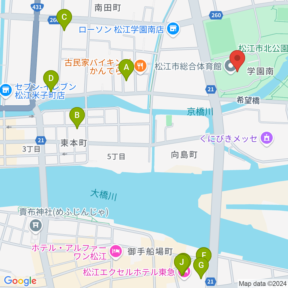 松江市総合体育館周辺のホテル一覧地図