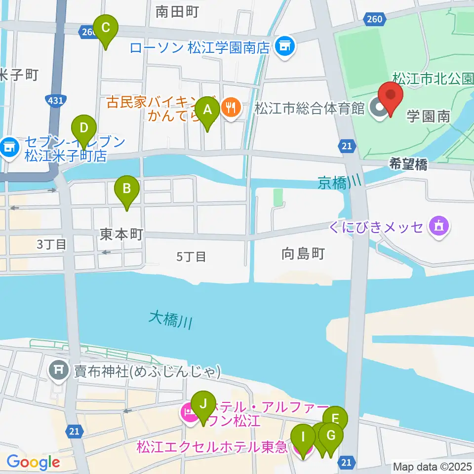 松江市総合体育館周辺のホテル一覧地図