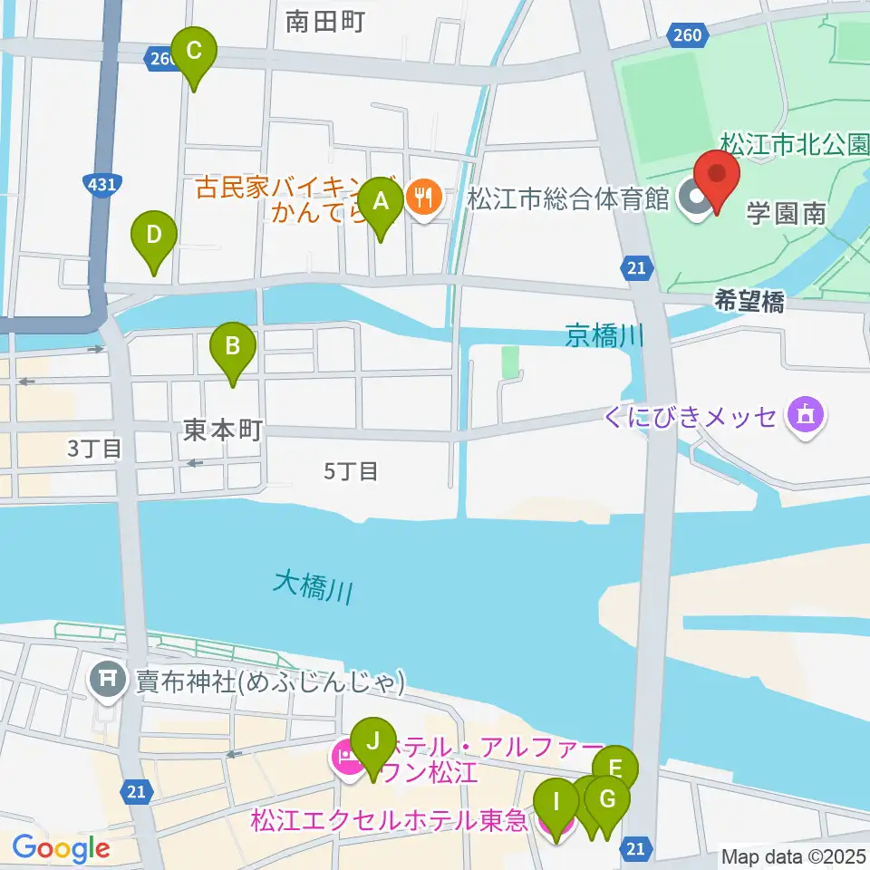 松江市総合体育館周辺のホテル一覧地図