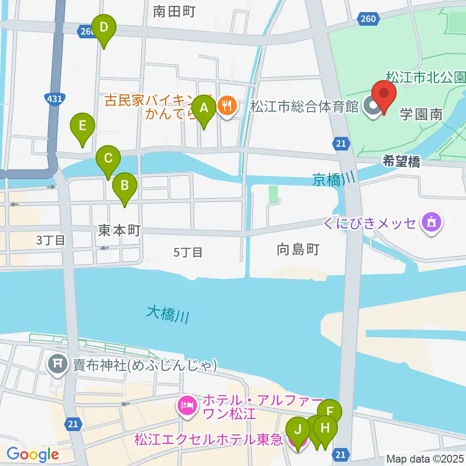 松江市総合体育館周辺のホテル一覧地図