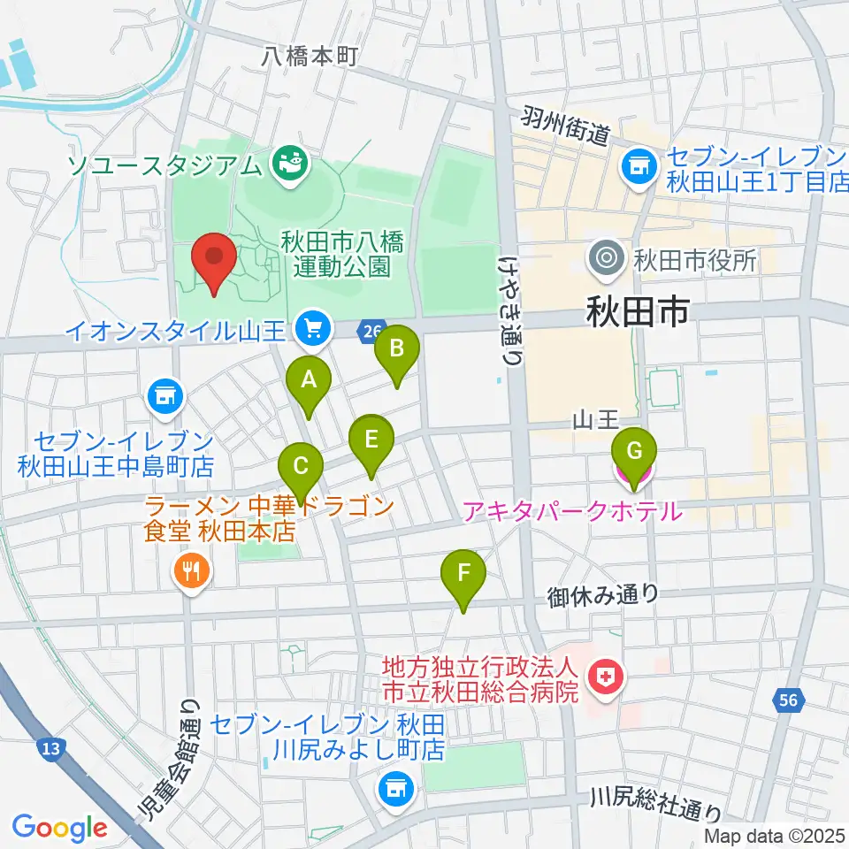 秋田県立体育館周辺のホテル一覧地図