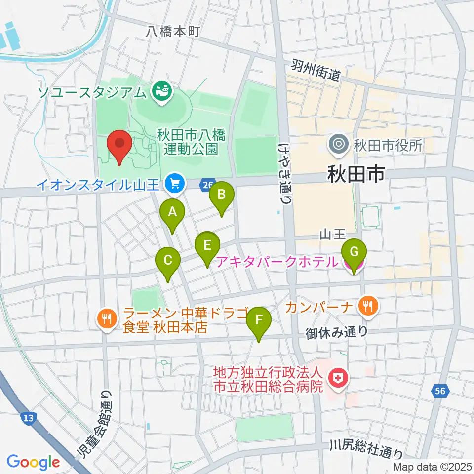秋田県立体育館周辺のホテル一覧地図