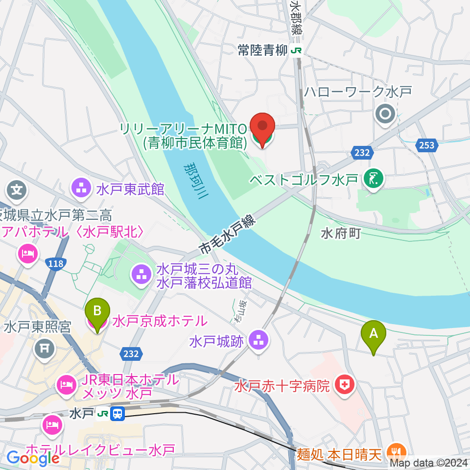 リリーアリーナMITO 青柳公園市民体育館周辺のホテル一覧地図