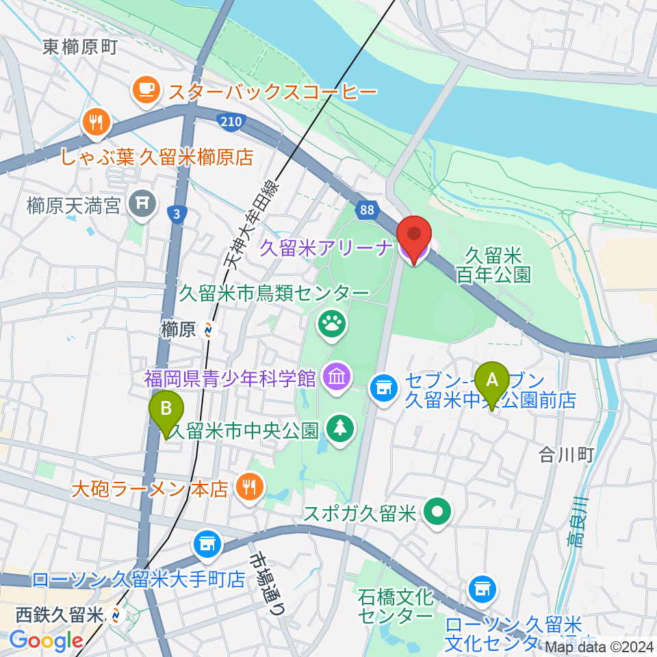 久留米アリーナ周辺のホテル一覧地図