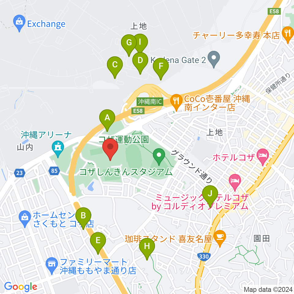 沖縄市体育館周辺のホテル一覧地図