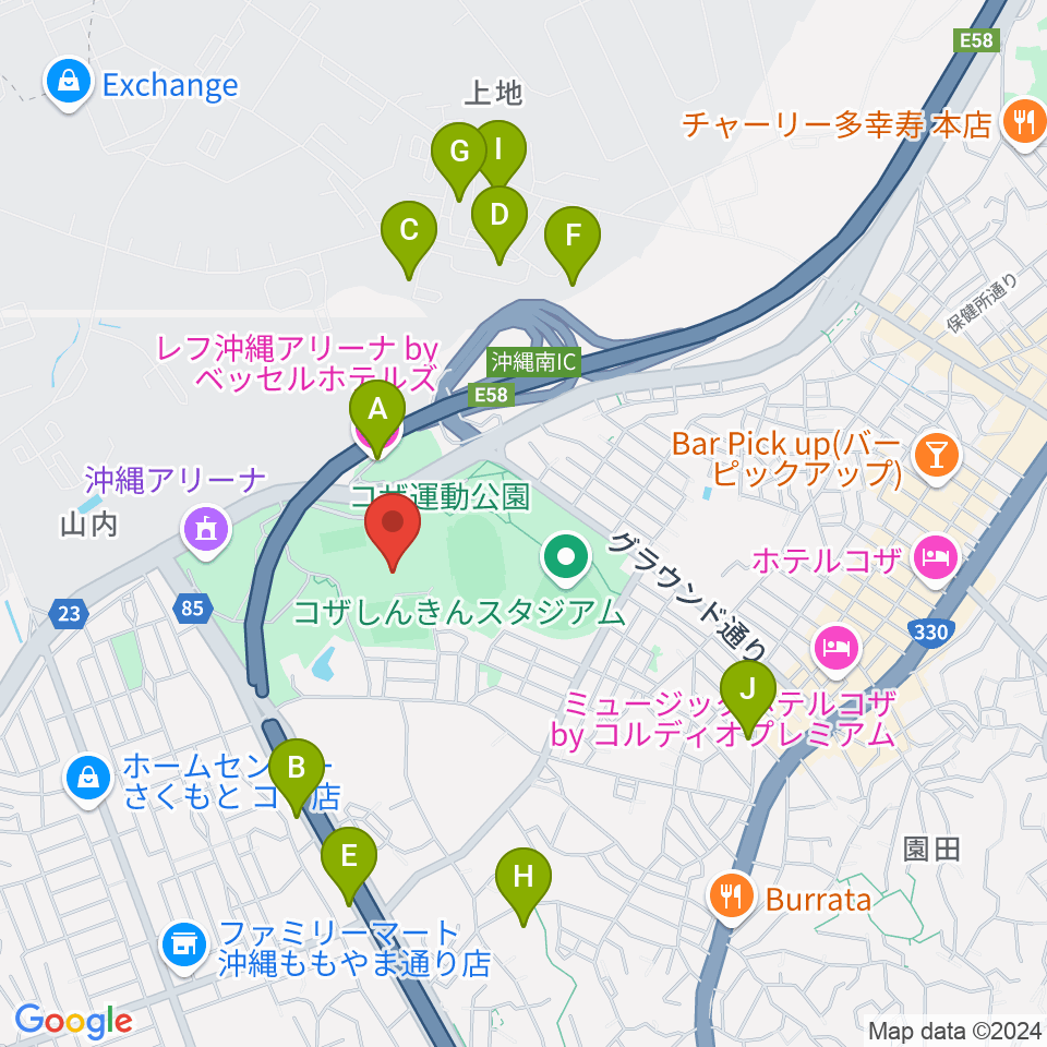 沖縄市体育館周辺のホテル一覧地図