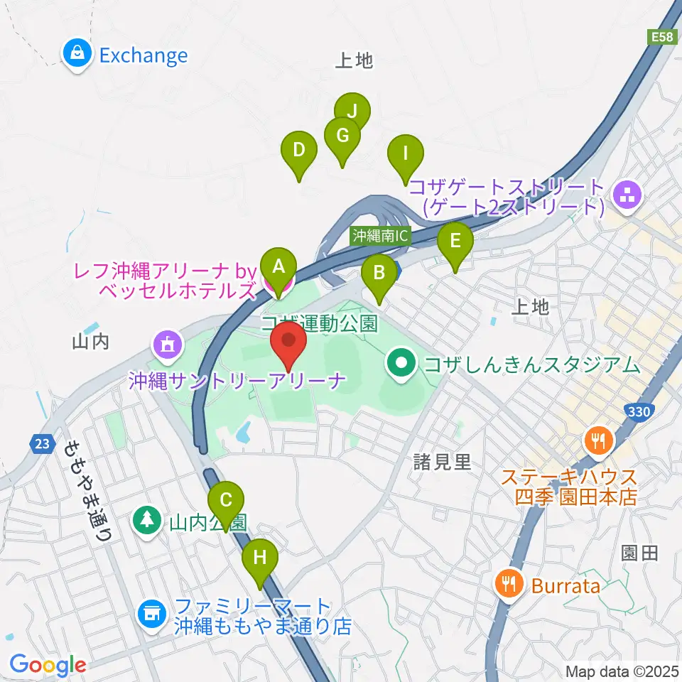 沖縄市体育館周辺のホテル一覧地図