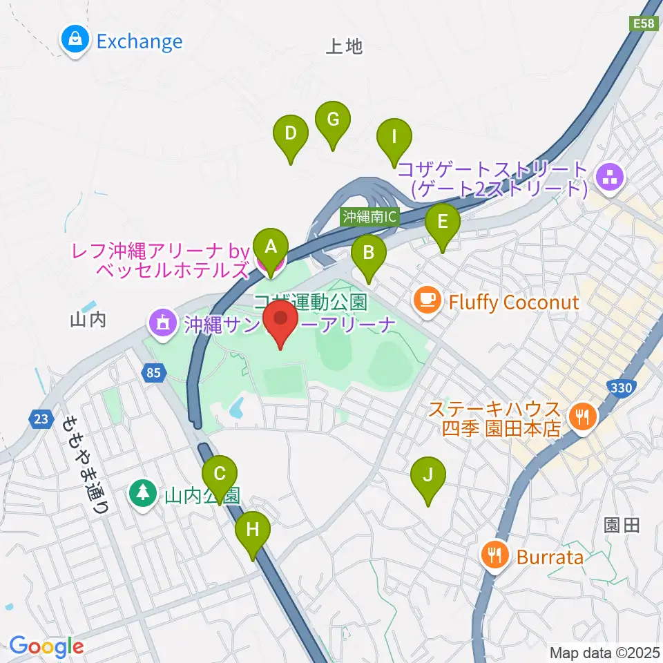 沖縄市体育館周辺のホテル一覧地図