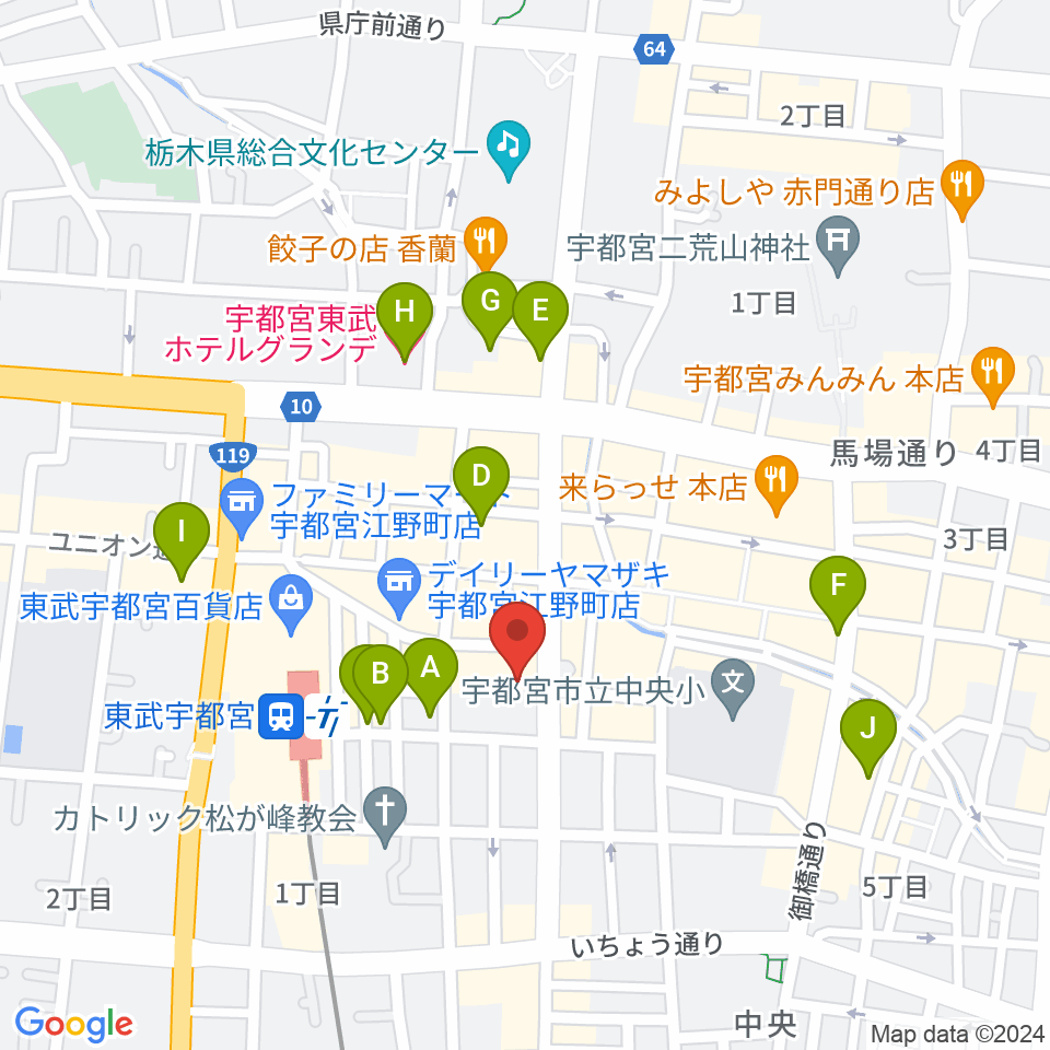 宇都宮市中央生涯学習センター周辺のホテル一覧地図