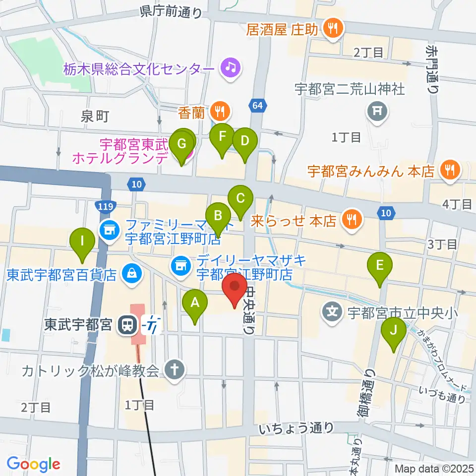 宇都宮市中央生涯学習センター周辺のホテル一覧地図
