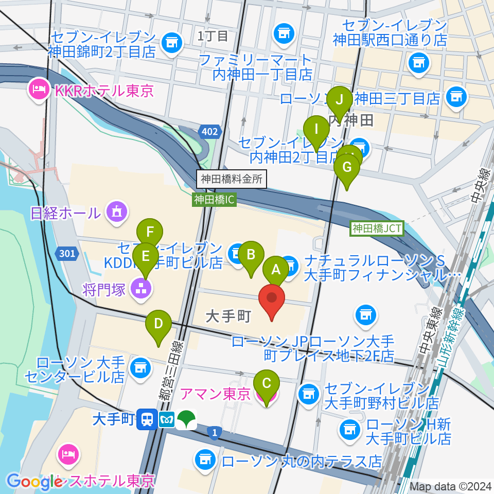 ヤマノミュージックサロン大手町周辺のホテル一覧地図