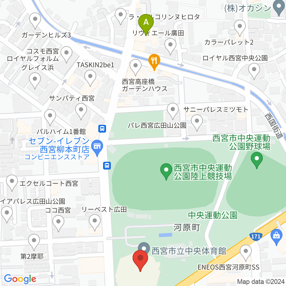 西宮市立中央体育館周辺のホテル一覧地図