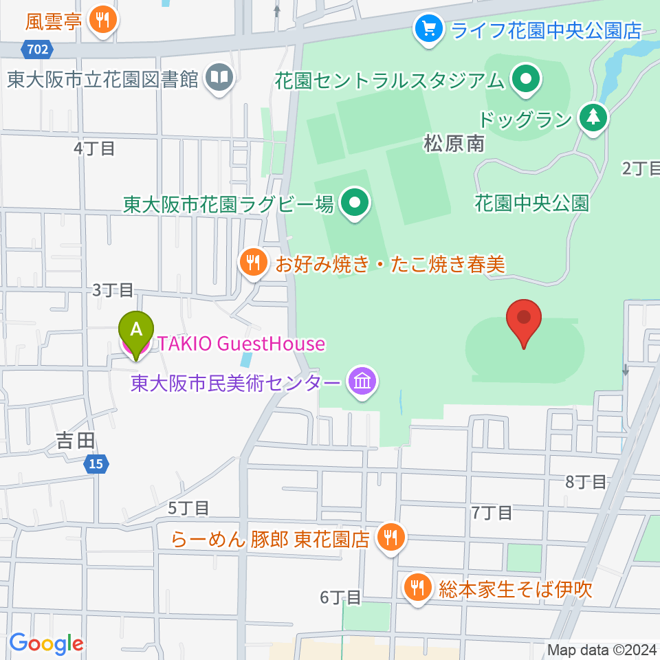 東大阪市花園中央公園 多目的球技広場周辺のホテル一覧地図