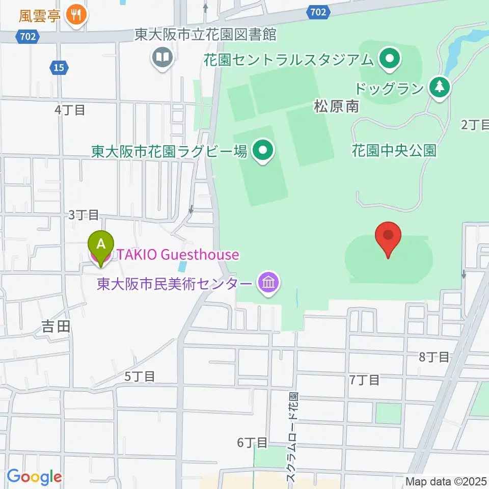 東大阪市花園中央公園 多目的球技広場周辺のホテル一覧地図
