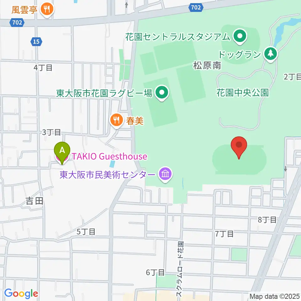 東大阪市花園中央公園 多目的球技広場周辺のホテル一覧地図