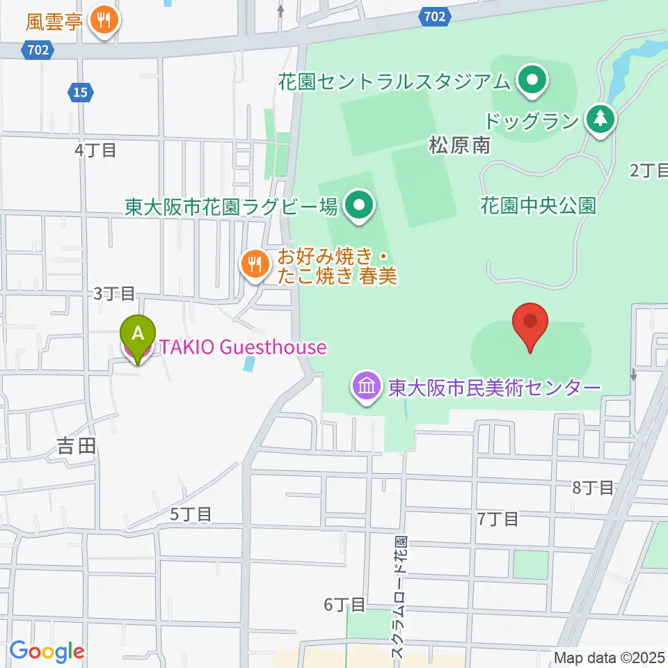 東大阪市花園中央公園 多目的球技広場周辺のホテル一覧地図