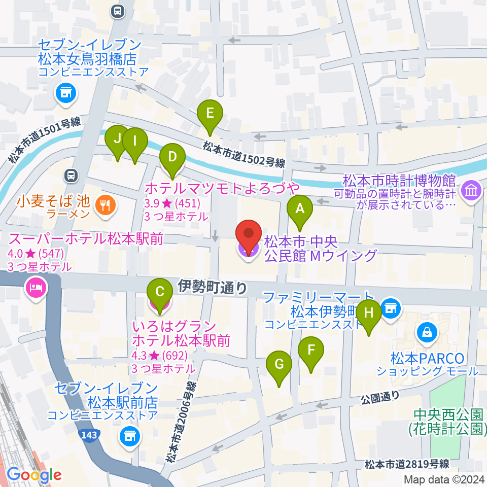 松本市中央公民館・Ｍウイング周辺のホテル一覧地図