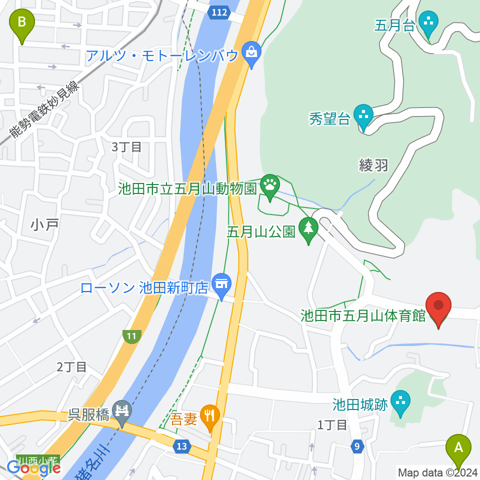 池田市五月山体育館周辺のホテル一覧地図