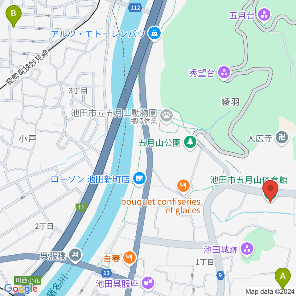 池田市五月山体育館周辺のホテル一覧地図