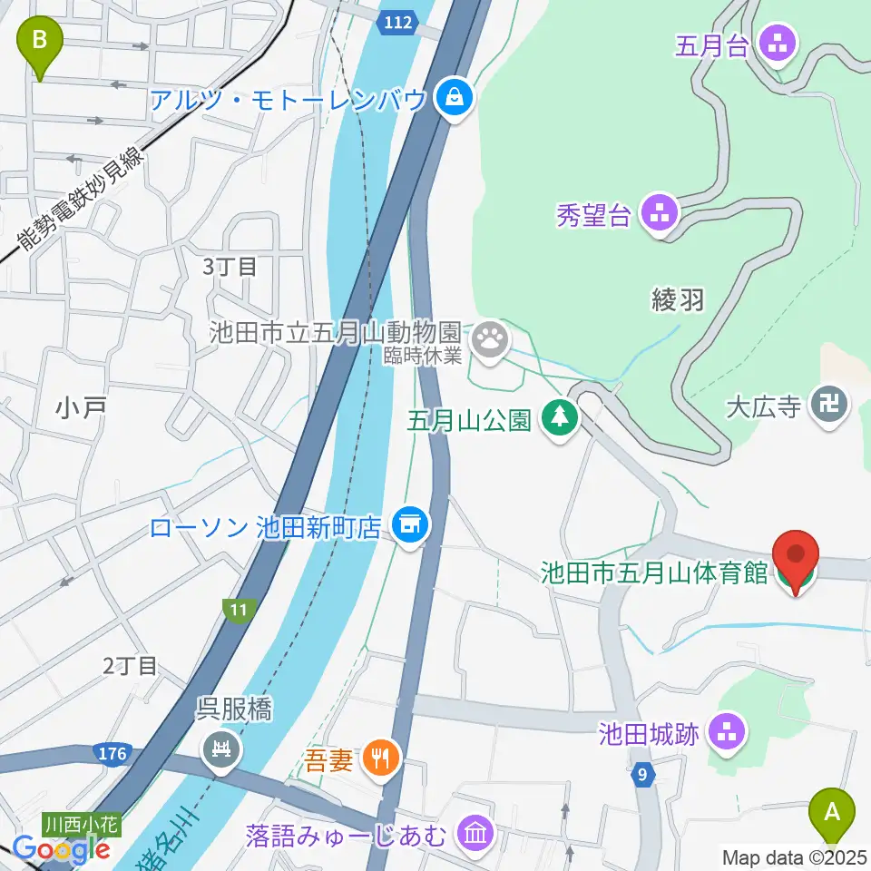 池田市五月山体育館周辺のホテル一覧地図