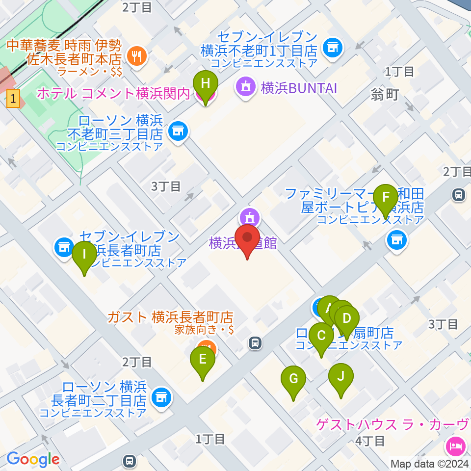 横浜武道館周辺のホテル一覧地図