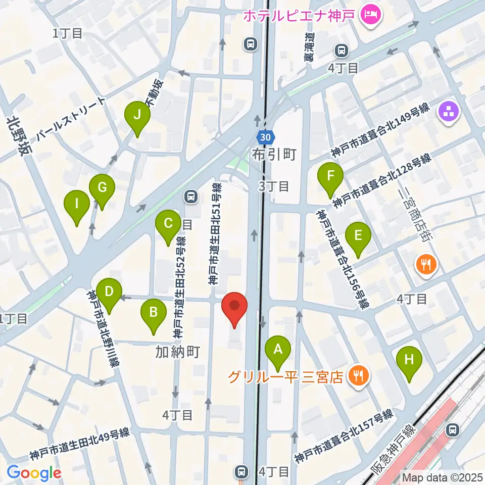 ジャパンギタースクール三宮校周辺のホテル一覧地図
